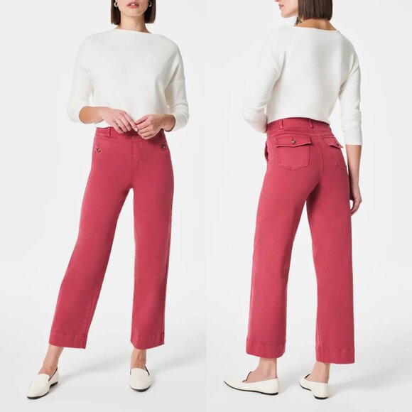Spanx Stretch Twill Wide Leg Cropped Pants Wild Rose L Pull On Shaping Pockets - Picture 3 of 16